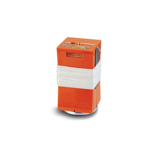 STANLEY 0-03-804 orange plumb bob with integrated level and coiled white line, front angle, photography product.