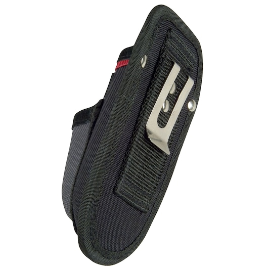 STANLEY 0-10-028 utility knife pouch with black fabric, red accent, and metal belt clip, front angle on white background.