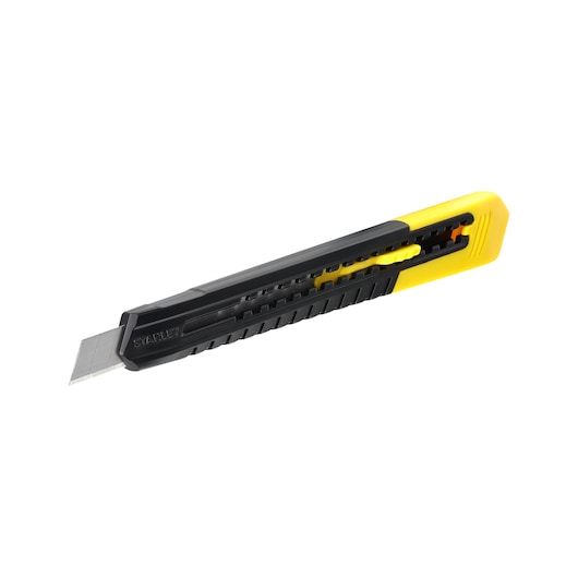 STANLEY 0-10-150 utility knife with yellow and black body, side view on white background.