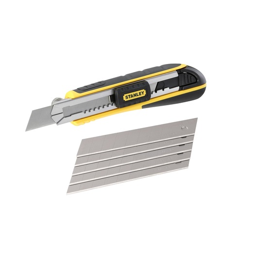 STANLEY 0-10-481 utility knife with segmented blade and extra blades, side angle on white background.