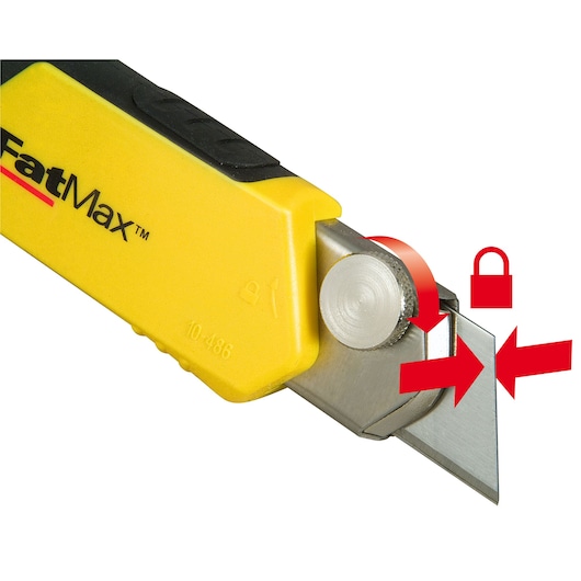 STANLEY 0-10-486 utility knife close-up, yellow body with blade lock switch and red instructional arrows, front angle.
