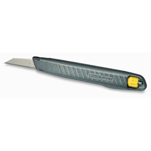 STANLEY 0-10-590 utility knife with slim black handle and yellow blade adjuster, side view on white background.