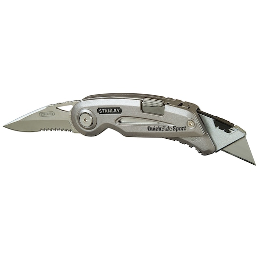 STANLEY 0-10-813 dual blade folding utility knife, side view, with silver metal finish.