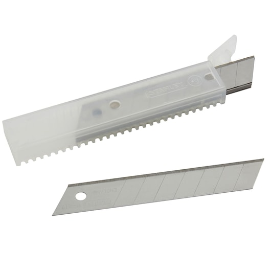 STANLEY 0-11-219 snap-off utility blades with clear plastic storage case, product photography, top view.
