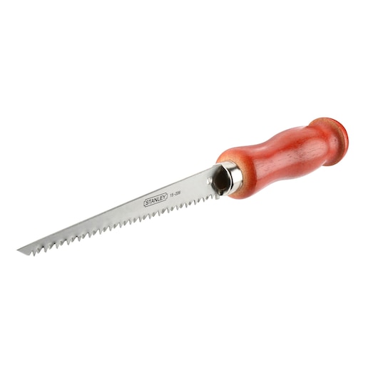 STANLEY 0-15-206 hand saw with narrow serrated blade and wooden handle, side angle, on white background.