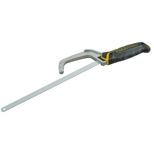 STANLEY 0-15-211 hacksaw with black and yellow ergonomic handle, side view on white background.