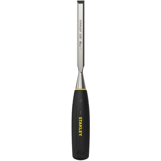 STANLEY 0-16-540 chisel with black handle, photographed front view, steel blade with size marks, on white background.