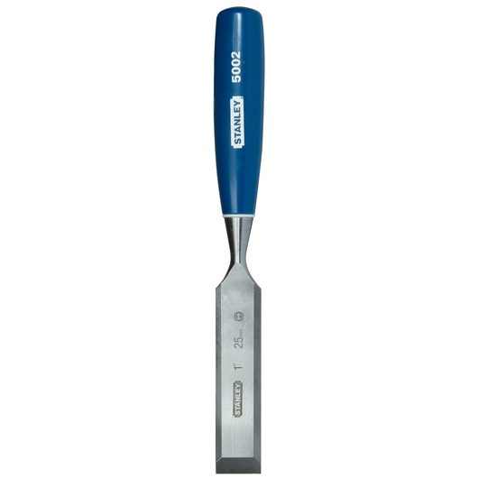 STANLEY 0-16-551 wood chisel with blue handle, straight edge, white background, front angle.