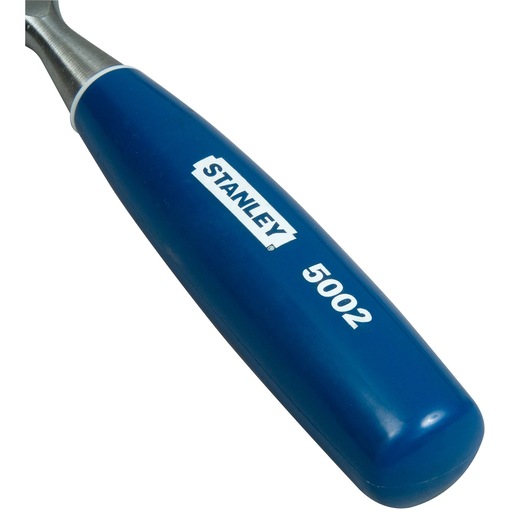 Photo of STANLEY 0-16-551 chisel with blue handle, close-up angle showing brand and model number.