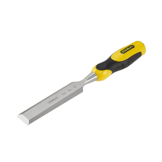 Photo of STANLEY 0-16-889 woodworking chisel with yellow and black handle, angled on white background.
