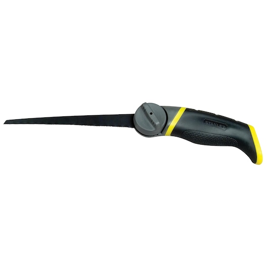 STANLEY 0-20-092 folding jab saw with black and yellow ergonomic handle, side view on white background.