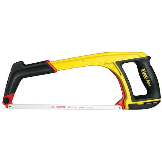 Stanley yellow and black hacksaw with ergonomic handle, white background, side profile angle