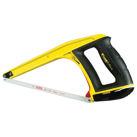 Stanley FatMax yellow and black hacksaw side view on white background, ergonomic handle and 12-inch blade