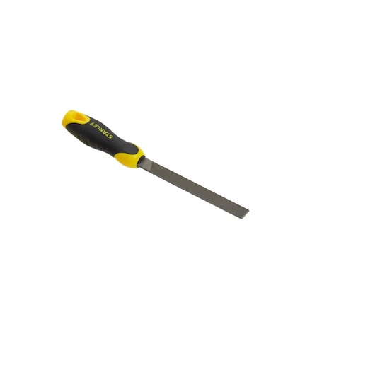 STANLEY 0-22-450 flat metal file with yellow and black handle, product photo on white background.