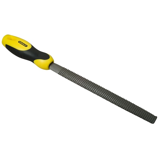 Photo of STANLEY 0-22-469 hand rasp file with yellow and black ergonomic handle, side angle on white background.