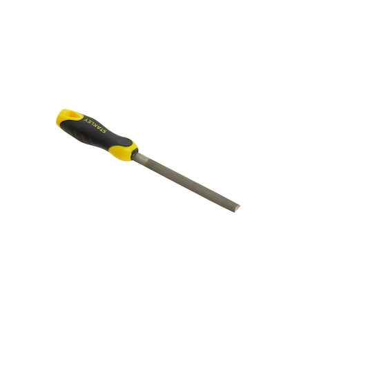 Photo of STANLEY 0-22-494 round file with black and yellow handle, tool category, angled on white background.