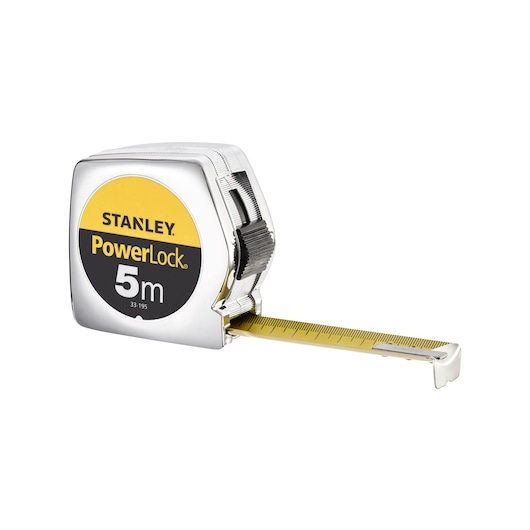 Photo of STANLEY 0-33-195 tape measure, PowerLock 5m, chrome case, yellow measuring blade, angled view.