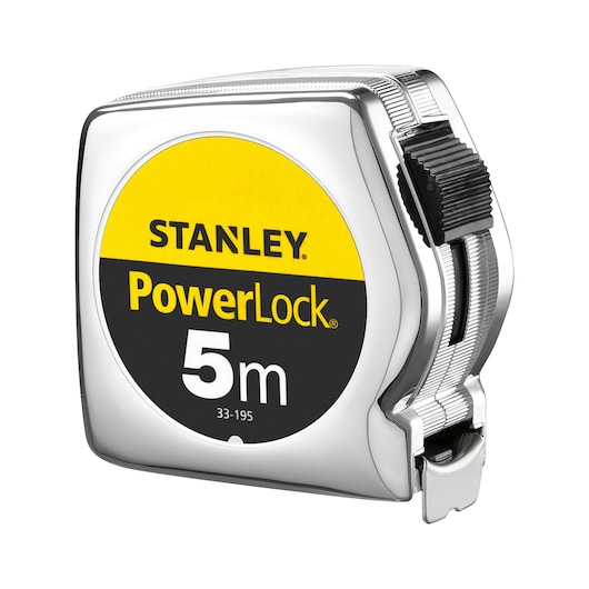 Photo of STANLEY 0-33-195 tape measure, PowerLock, 5m, chrome case, left angle on white background.