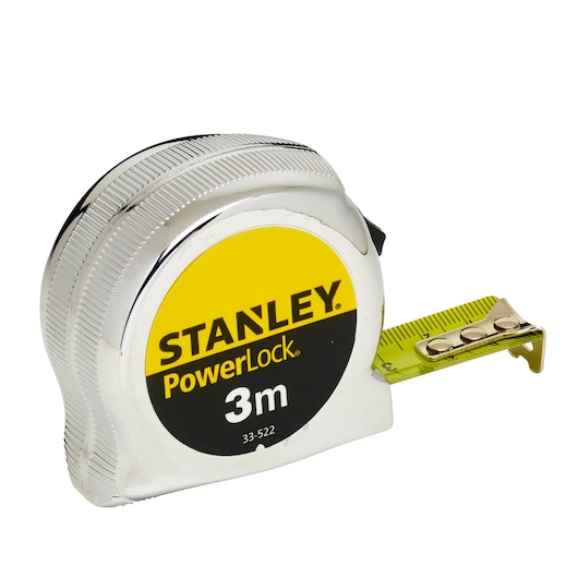 STANLEY 0-33-522 PowerLock tape measure, 3m, chrome and yellow, front angle, white background.