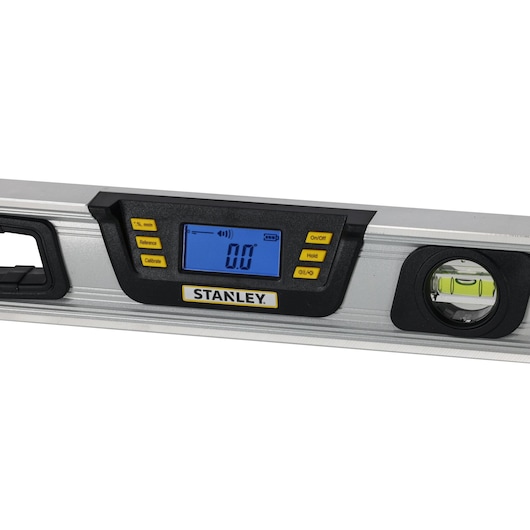 Photo of STANLEY 0-42-065 digital spirit level, silver body, LCD display, bubble vial, close-up, white background.