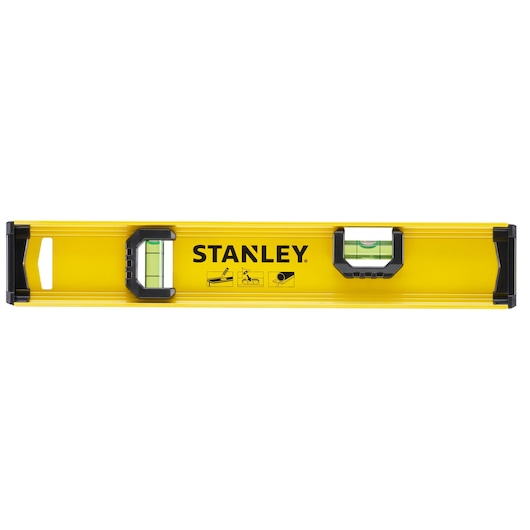 STANLEY 0-42-072 yellow spirit level with black ends and vials, front angle on white background.