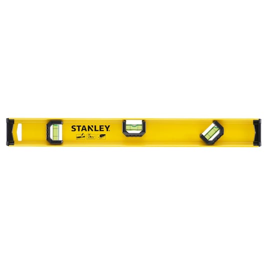 Photo of STANLEY 0-42-073 spirit level, yellow with three bubble vials, product front view.