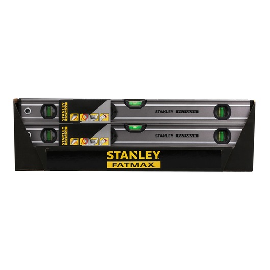 Stanley 0-43-624 FatMax level set, front angle, in black and yellow branded packaging.