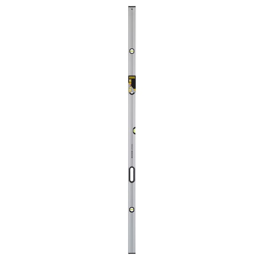 STANLEY 0-43-679 spirit level, silver aluminum, four vials, straight-on product photo.