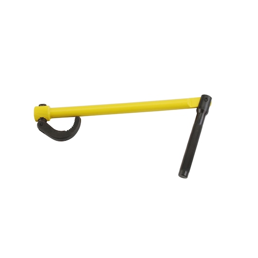 STANLEY 0-70-453 pipe wrench, yellow handle, black jaw and grip, side angle on white background.