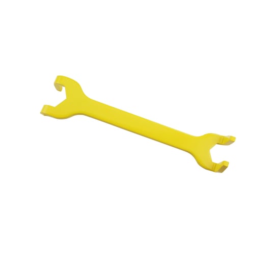 Photo of STANLEY 0-70-454 yellow plastic spanner, straight-on angle, tool category.