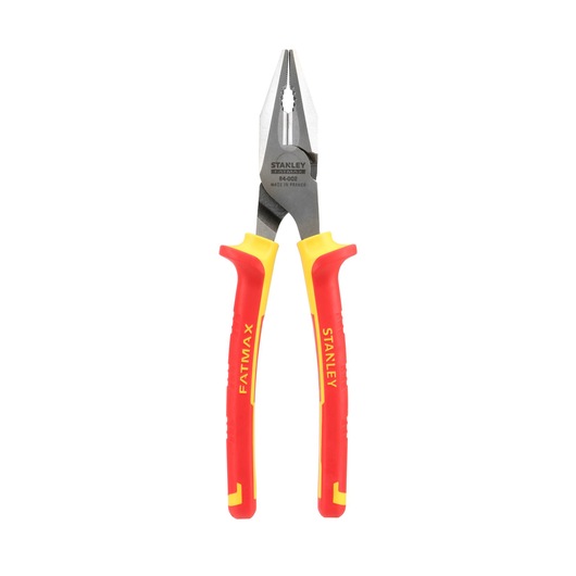 Photo of STANLEY 0-84-002 insulated combination pliers with red and yellow handles, front angle.