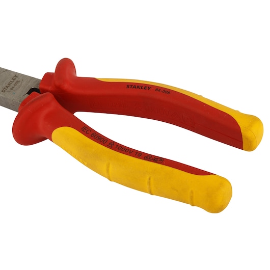 STANLEY 0-84-008 insulated combination pliers with red and yellow handles, side view on white background.