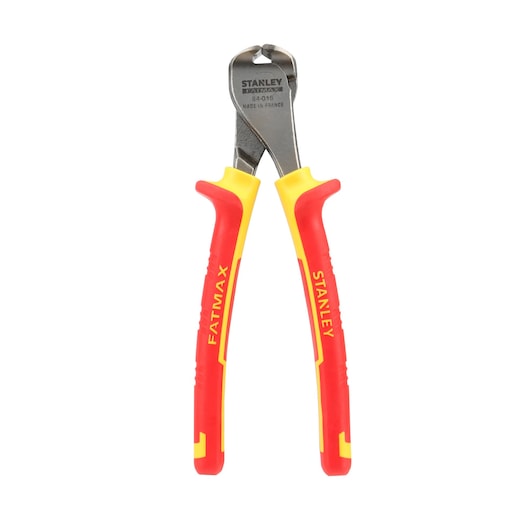 Stanley FatMax insulated end cutting pliers with red and yellow handles, suitable for electrical work.