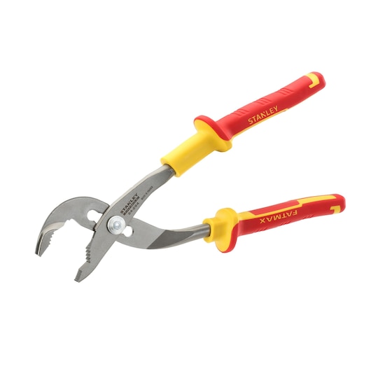 Stanley insulated pliers with red and yellow handles, adjustable jaw for gripping and electrical work.