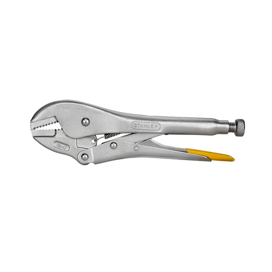 STANLEY 0-84-811 locking pliers, silver metal with yellow handle grip, side view on white background.