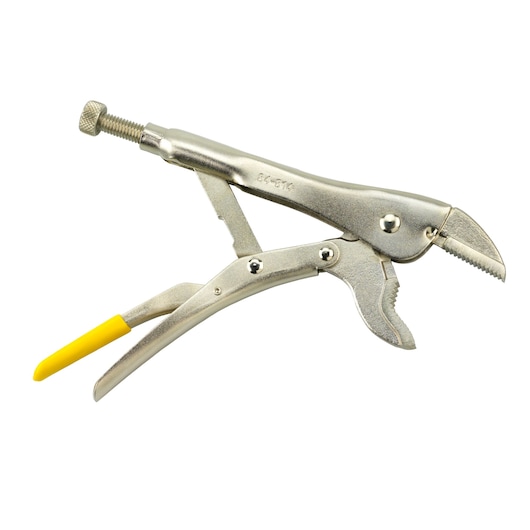 STANLEY 0-84-814 locking pliers with curved jaws and yellow handle grip, side view on white background.