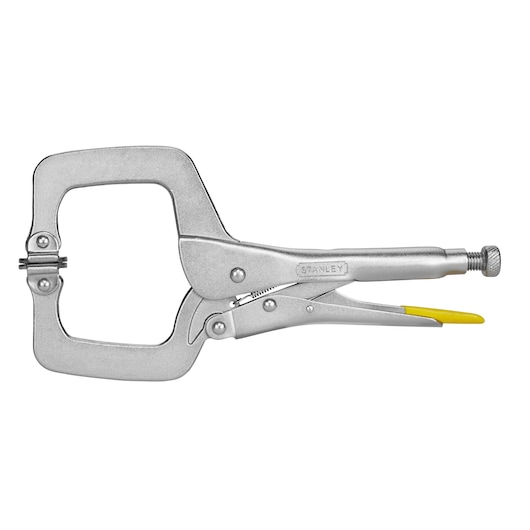 Stanley C-clamp locking pliers with wide jaws and yellow handle grip, used for secure clamping in workshops.