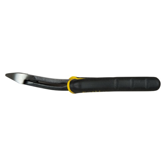 Curved black-handled pliers with a yellow accent, used for gripping or cutting small objects.