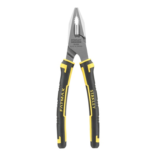 STANLEY 0-89-866 combination pliers, black and yellow handles, front angle, white background.