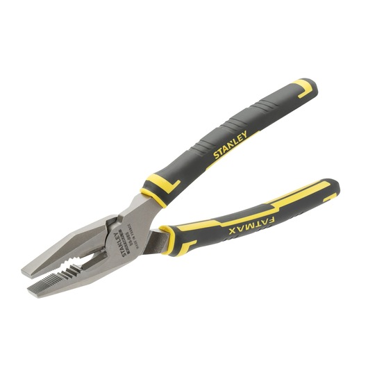 STANLEY 0-89-868 combination pliers with black and yellow FatMax handles, angled view on white background.