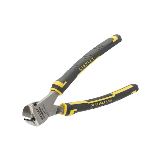 Stanley FatMax diagonal cutting pliers with yellow and black handles, angled for precise wire cutting.
