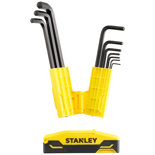 Photo of STANLEY 0-89-904 hex key set in yellow and black folding case, metric sizes, front view on white background.