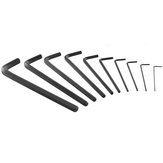 STANLEY 0-89-904 hex key set, 10 black L-shaped keys in different sizes, angled side view on white background.