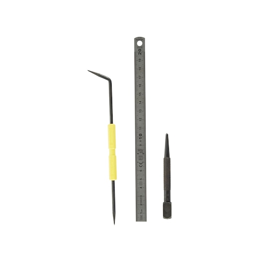 STANLEY 0-90-500 tool set with yellow-handled scribe, steel ruler, and center punch, top view on white background.