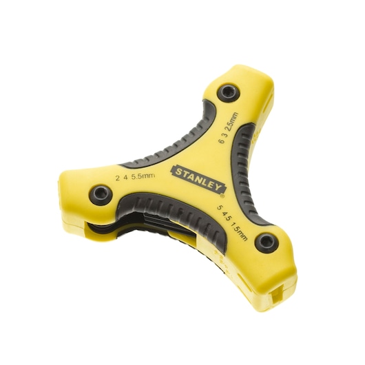 STANLEY 0-95-935 yellow and black three-way hex key set, angled on white background.