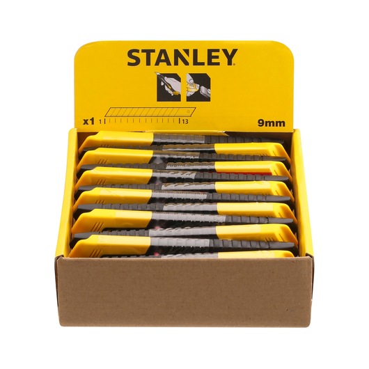 STANLEY 1-10-150 utility knife display box front angle with yellow knives arranged in a cardboard holder.