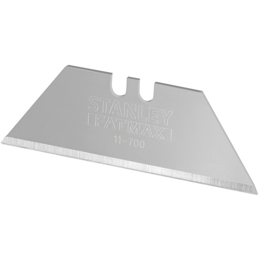 Photo of STANLEY 1-11-700 utility knife blade, silver metal with angled edge on white background.