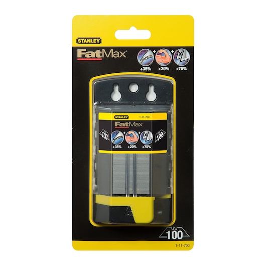 STANLEY 1-11-700 FatMax utility blades pack, front angle, packaged in yellow-black plastic case.