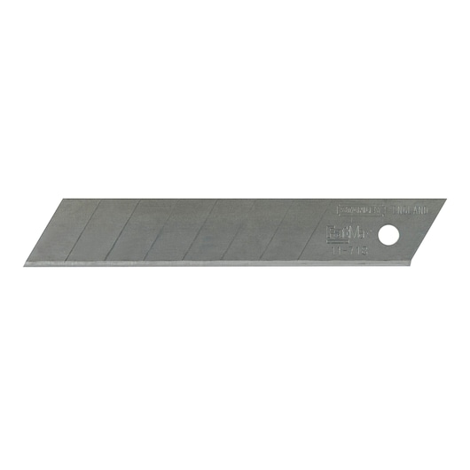 STANLEY 1-11-718 photography of utility knife snap-off blade, silver metal, angled tip, side view on white background.