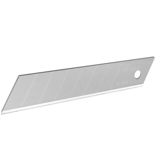 STANLEY 1-11-718 utility snap-off blade, silver color, side angle, photography on white background.